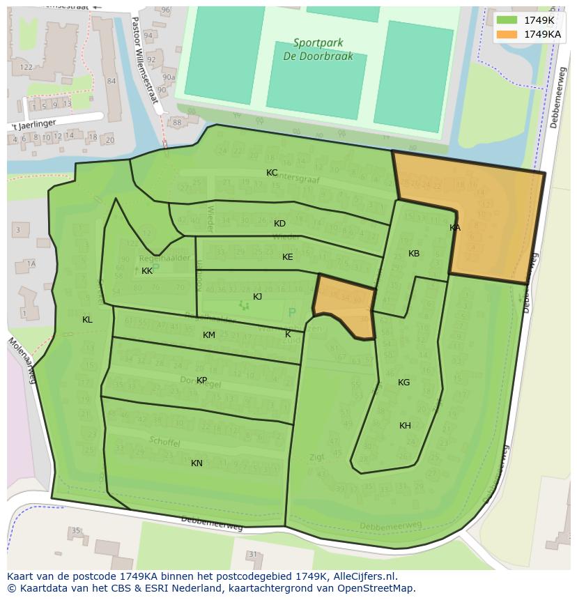 Afbeelding van het postcodegebied 1749 KA op de kaart.