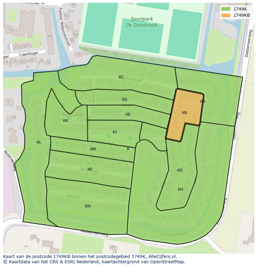Afbeelding van het postcodegebied 1749 KB op de kaart.
