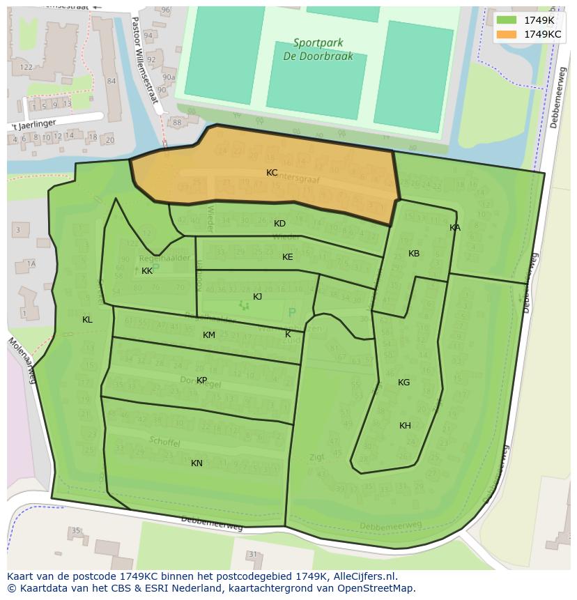 Afbeelding van het postcodegebied 1749 KC op de kaart.