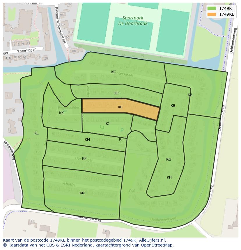 Afbeelding van het postcodegebied 1749 KE op de kaart.