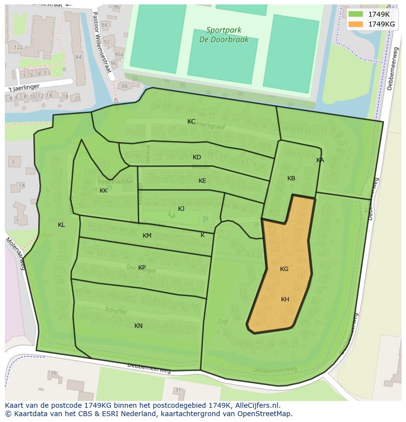 Afbeelding van het postcodegebied 1749 KG op de kaart.