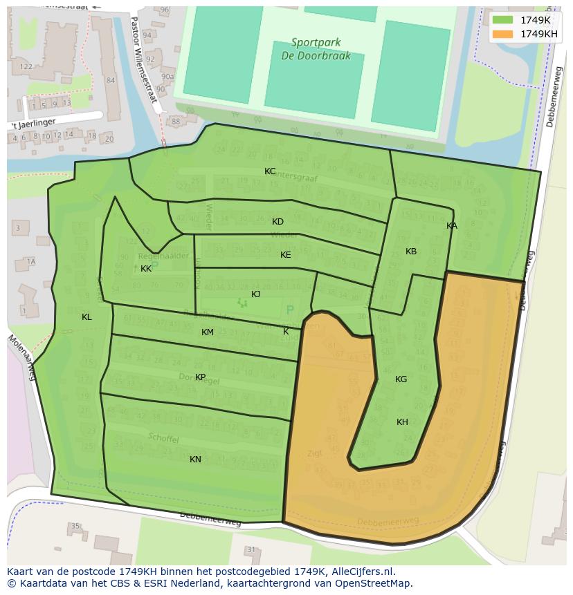 Afbeelding van het postcodegebied 1749 KH op de kaart.