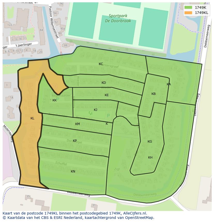 Afbeelding van het postcodegebied 1749 KL op de kaart.