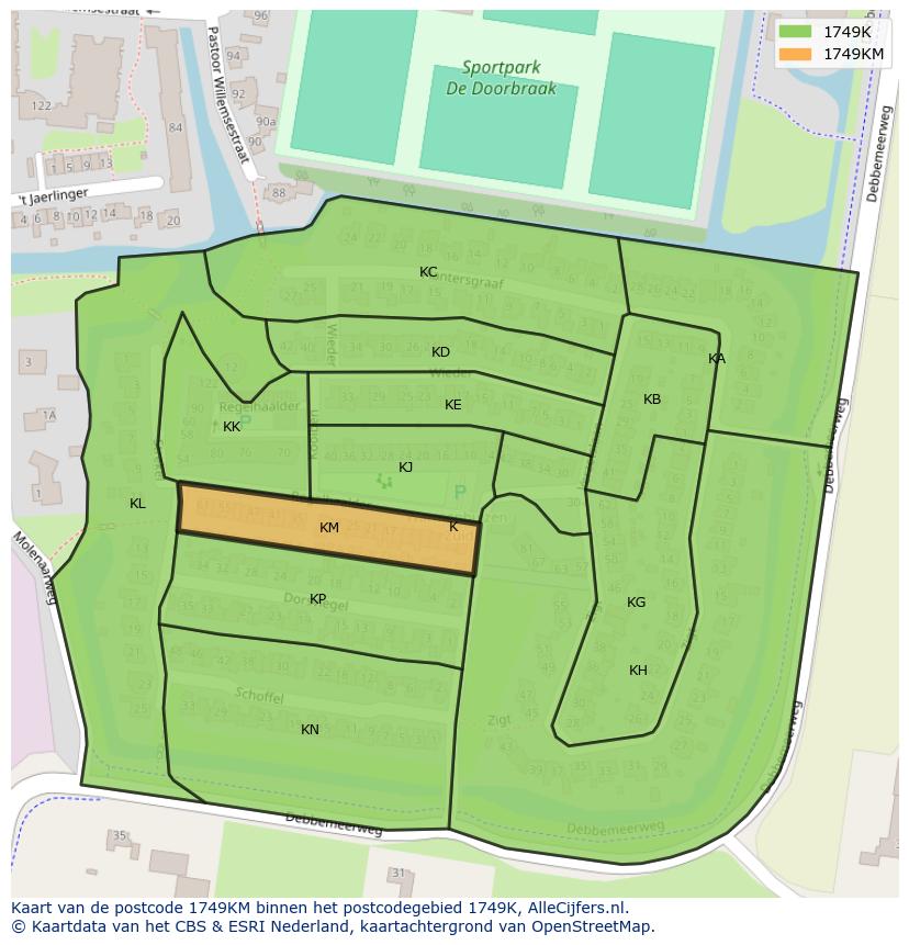 Afbeelding van het postcodegebied 1749 KM op de kaart.