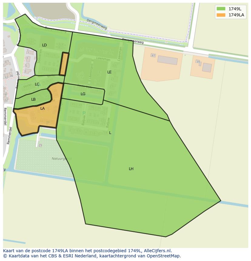 Afbeelding van het postcodegebied 1749 LA op de kaart.