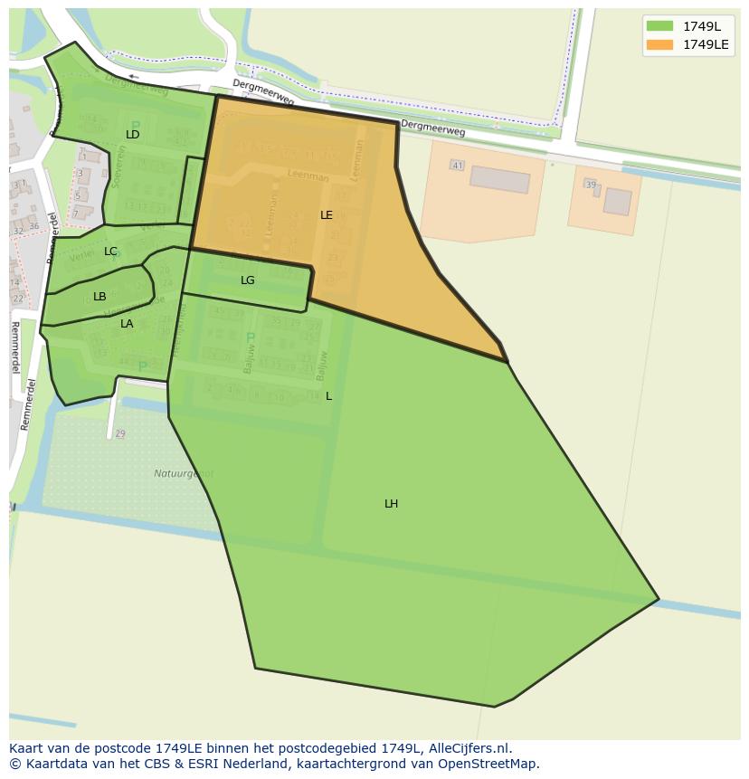 Afbeelding van het postcodegebied 1749 LE op de kaart.