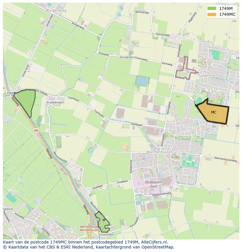 Afbeelding van het postcodegebied 1749 MC op de kaart.