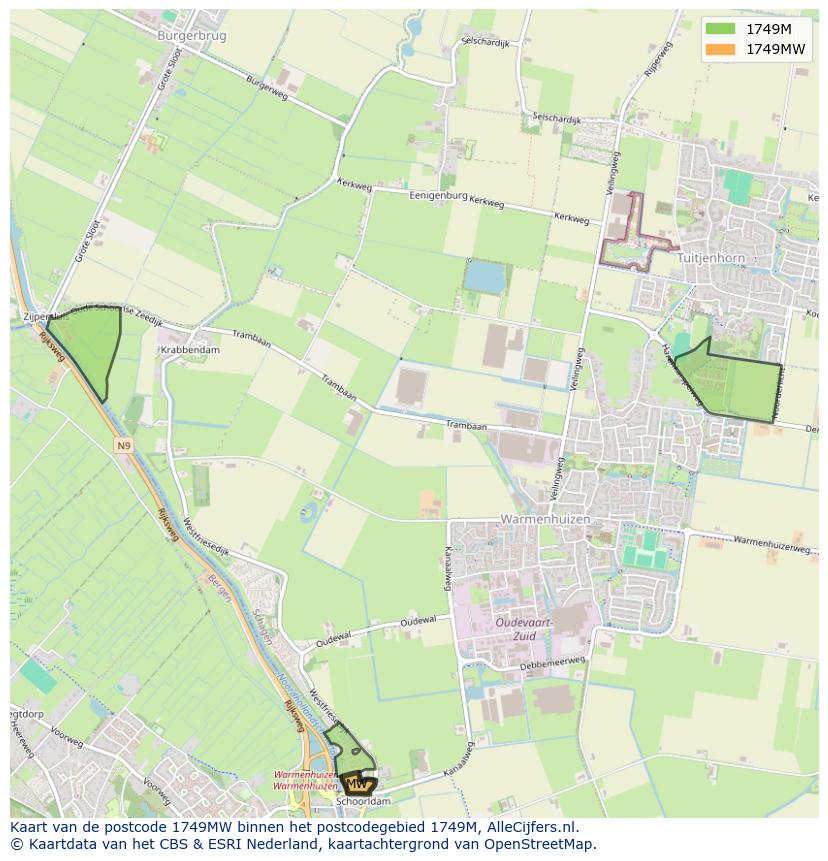 Afbeelding van het postcodegebied 1749 MW op de kaart.