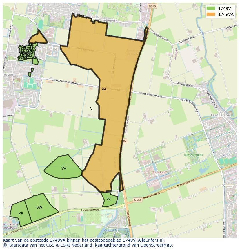 Afbeelding van het postcodegebied 1749 VA op de kaart.