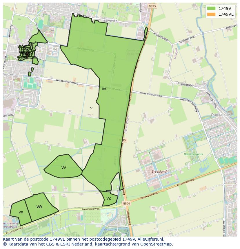 Afbeelding van het postcodegebied 1749 VL op de kaart.