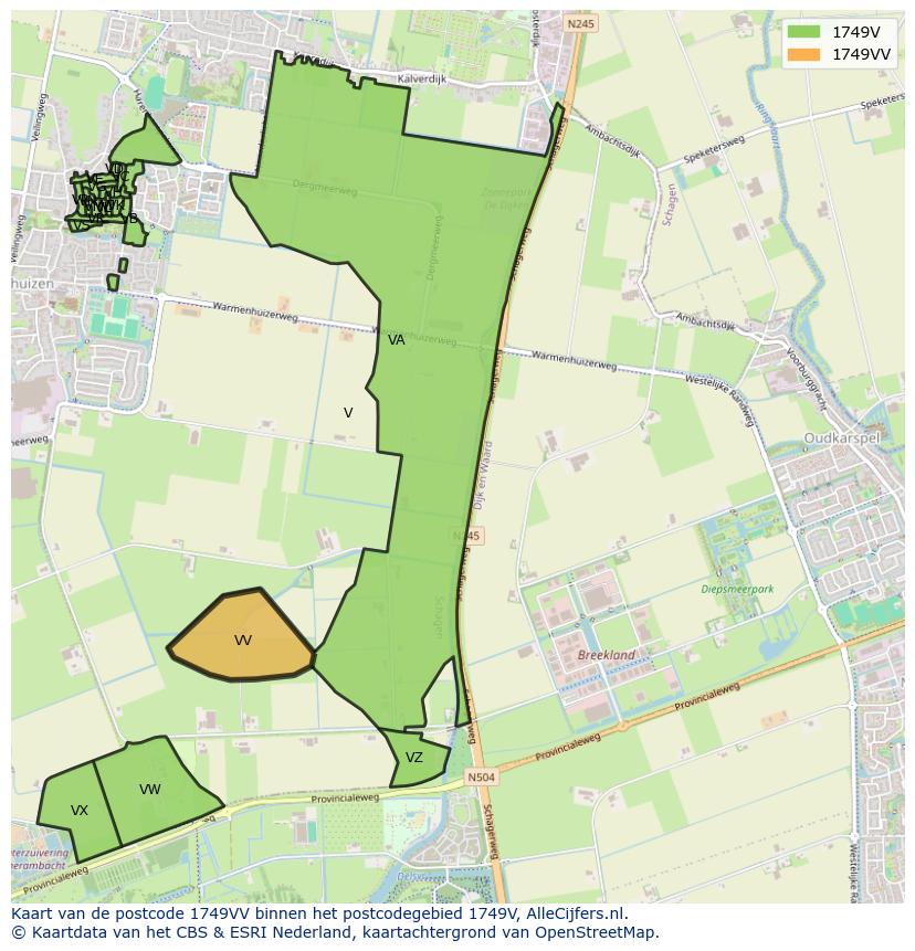 Afbeelding van het postcodegebied 1749 VV op de kaart.