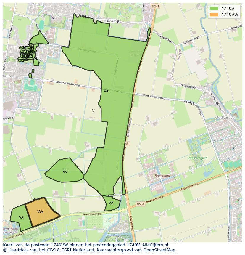 Afbeelding van het postcodegebied 1749 VW op de kaart.