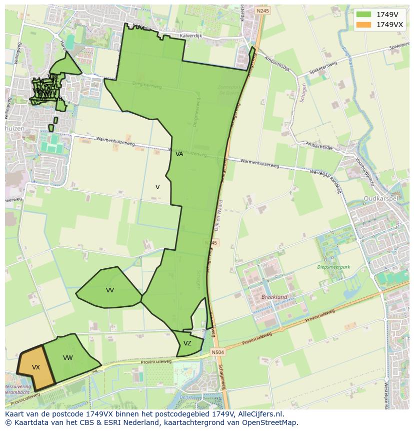 Afbeelding van het postcodegebied 1749 VX op de kaart.