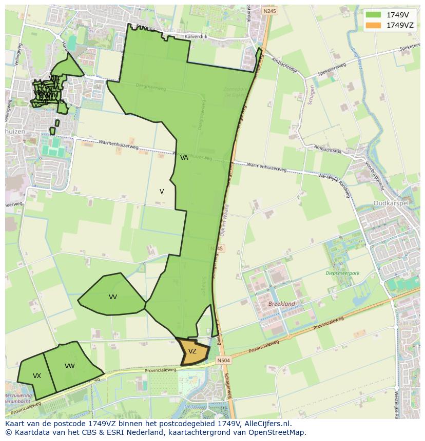 Afbeelding van het postcodegebied 1749 VZ op de kaart.