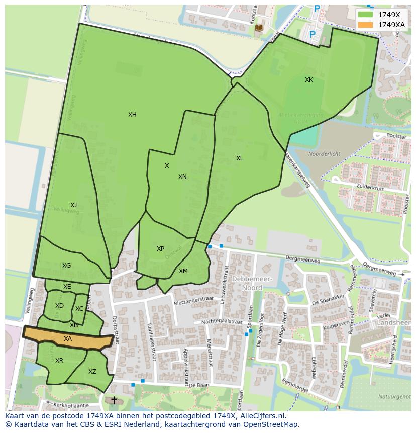 Afbeelding van het postcodegebied 1749 XA op de kaart.