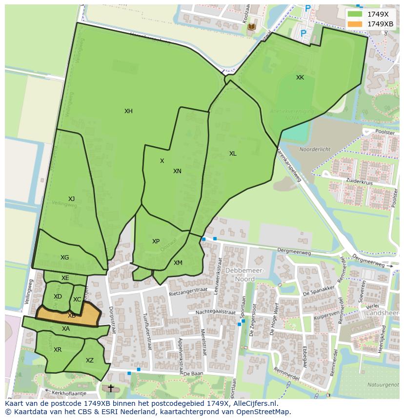 Afbeelding van het postcodegebied 1749 XB op de kaart.