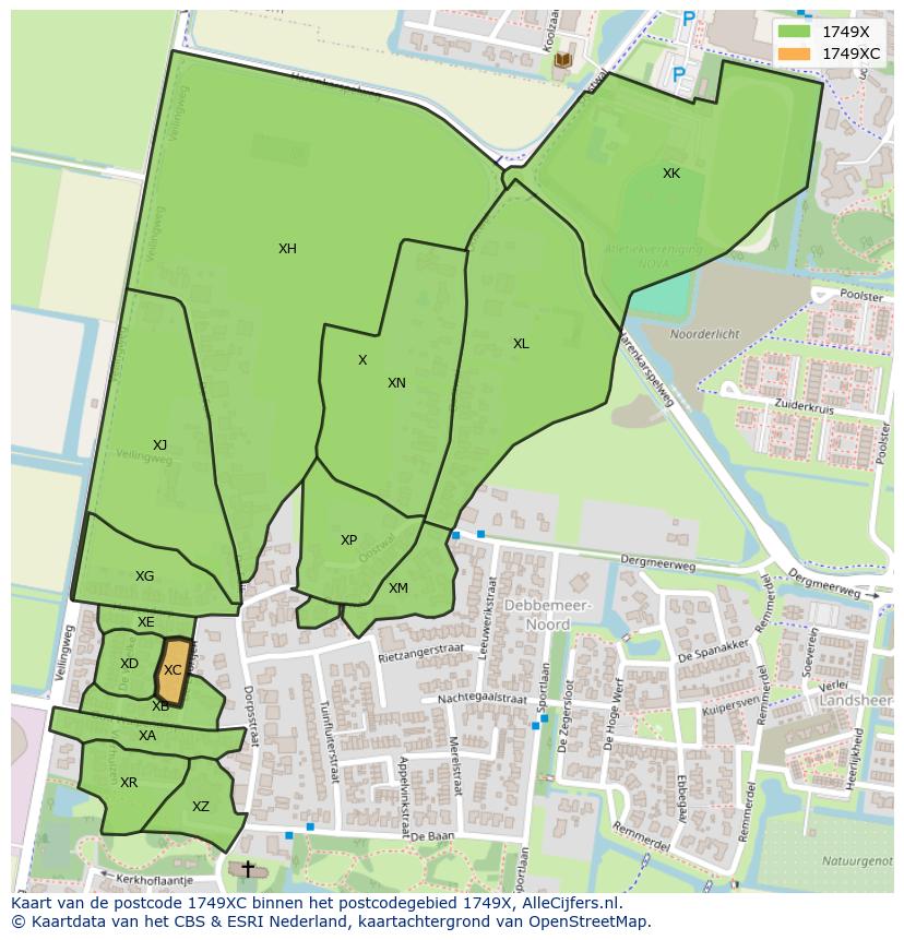 Afbeelding van het postcodegebied 1749 XC op de kaart.