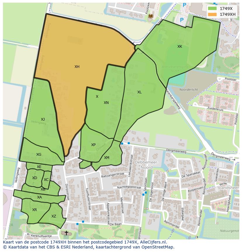 Afbeelding van het postcodegebied 1749 XH op de kaart.