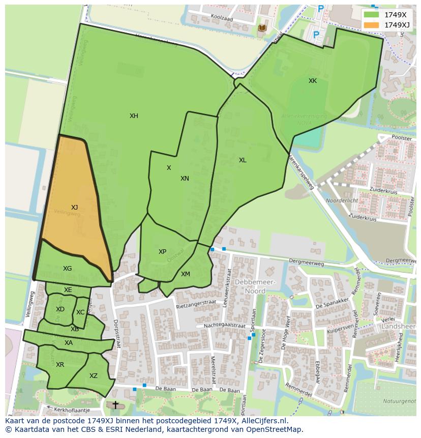 Afbeelding van het postcodegebied 1749 XJ op de kaart.