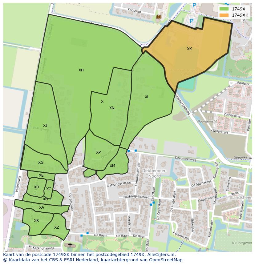 Afbeelding van het postcodegebied 1749 XK op de kaart.
