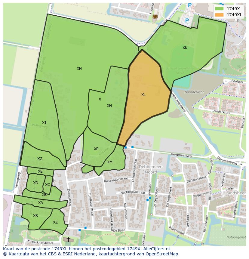 Afbeelding van het postcodegebied 1749 XL op de kaart.