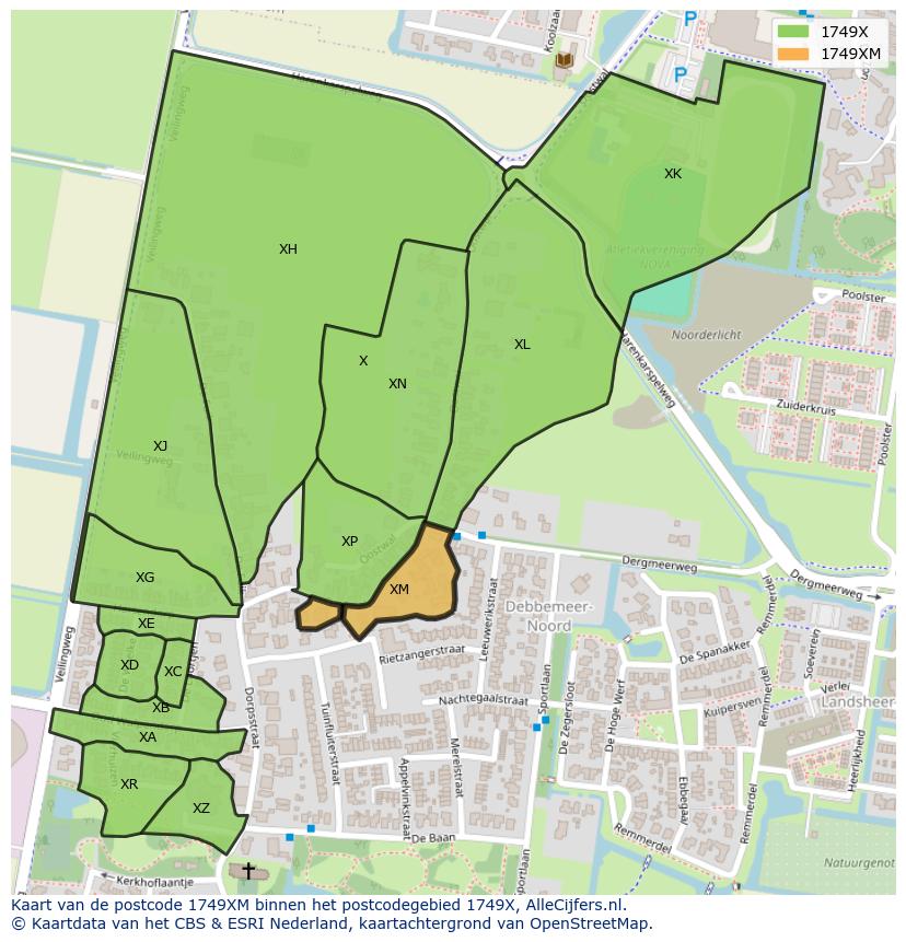 Afbeelding van het postcodegebied 1749 XM op de kaart.
