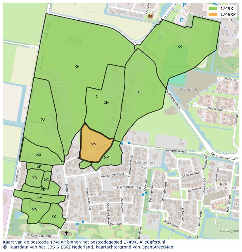 Afbeelding van het postcodegebied 1749 XP op de kaart.