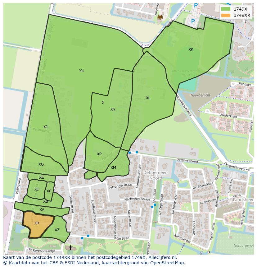 Afbeelding van het postcodegebied 1749 XR op de kaart.