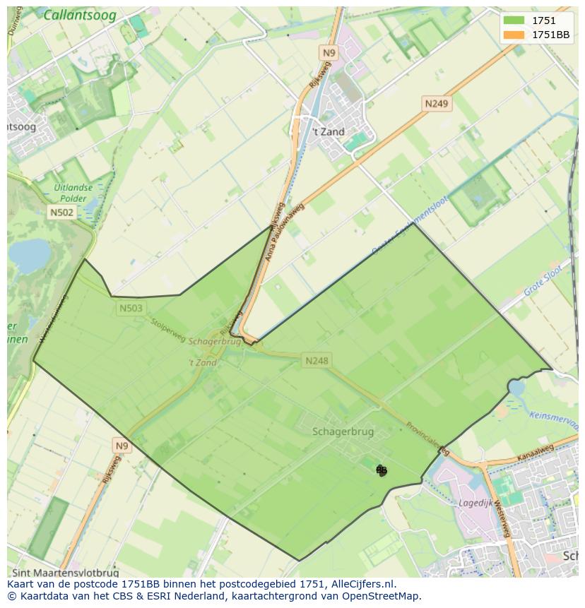 Afbeelding van het postcodegebied 1751 BB op de kaart.