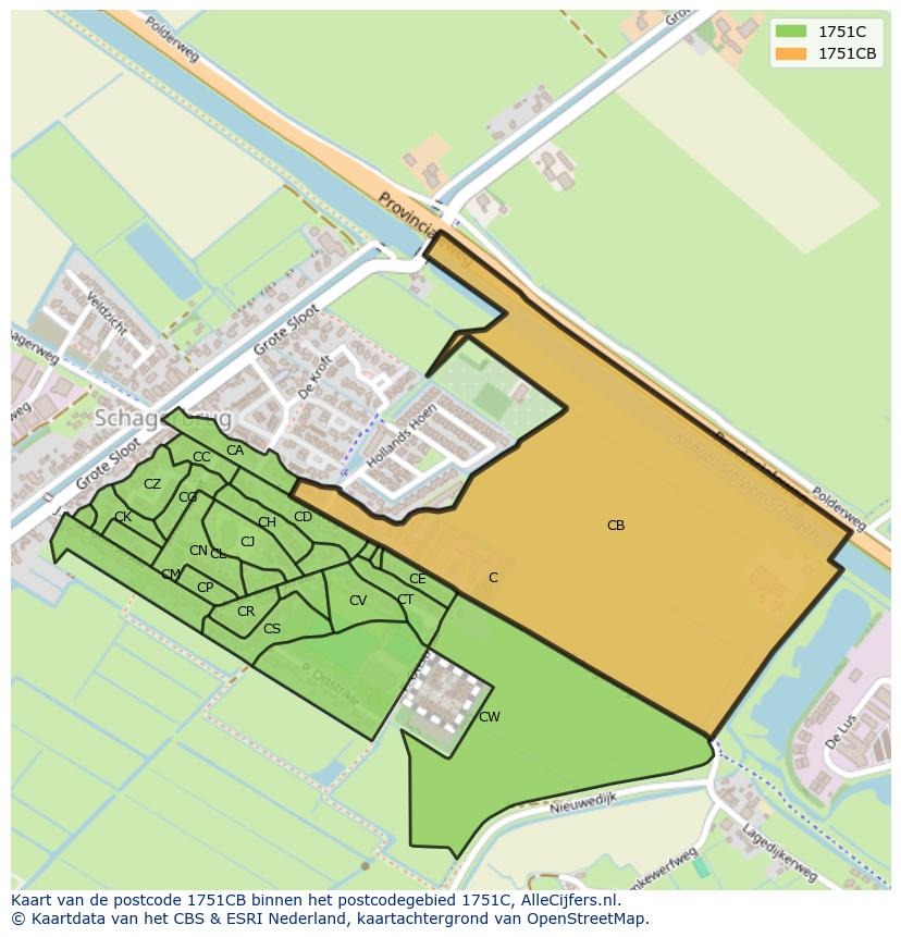 Afbeelding van het postcodegebied 1751 CB op de kaart.