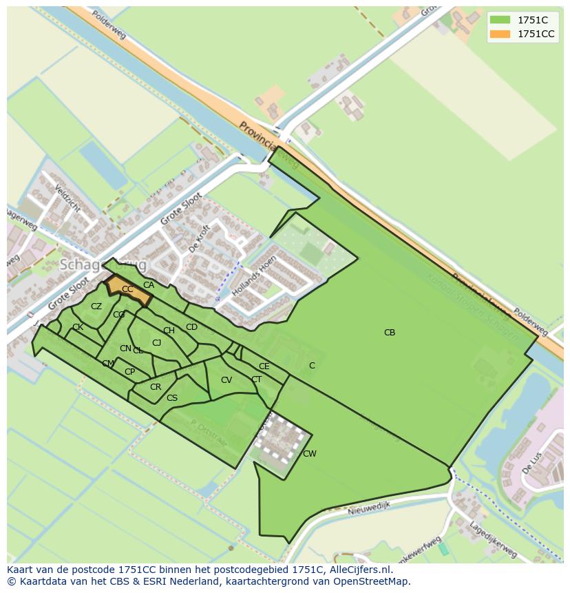Afbeelding van het postcodegebied 1751 CC op de kaart.
