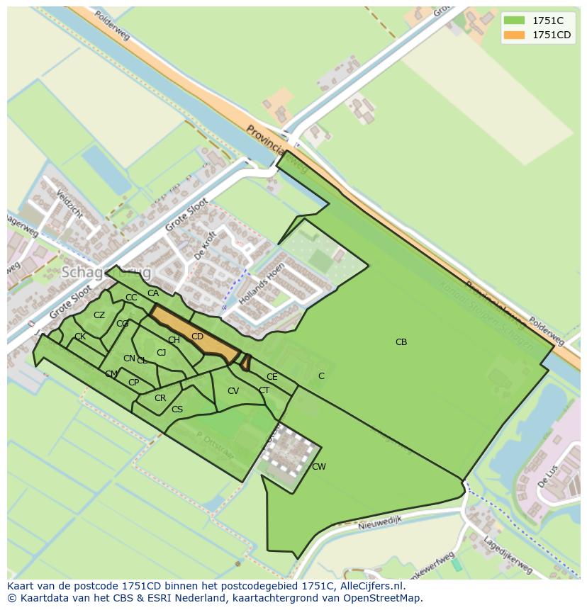 Afbeelding van het postcodegebied 1751 CD op de kaart.
