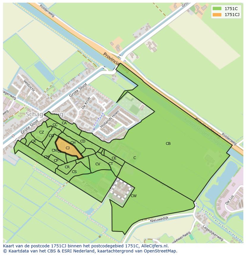 Afbeelding van het postcodegebied 1751 CJ op de kaart.