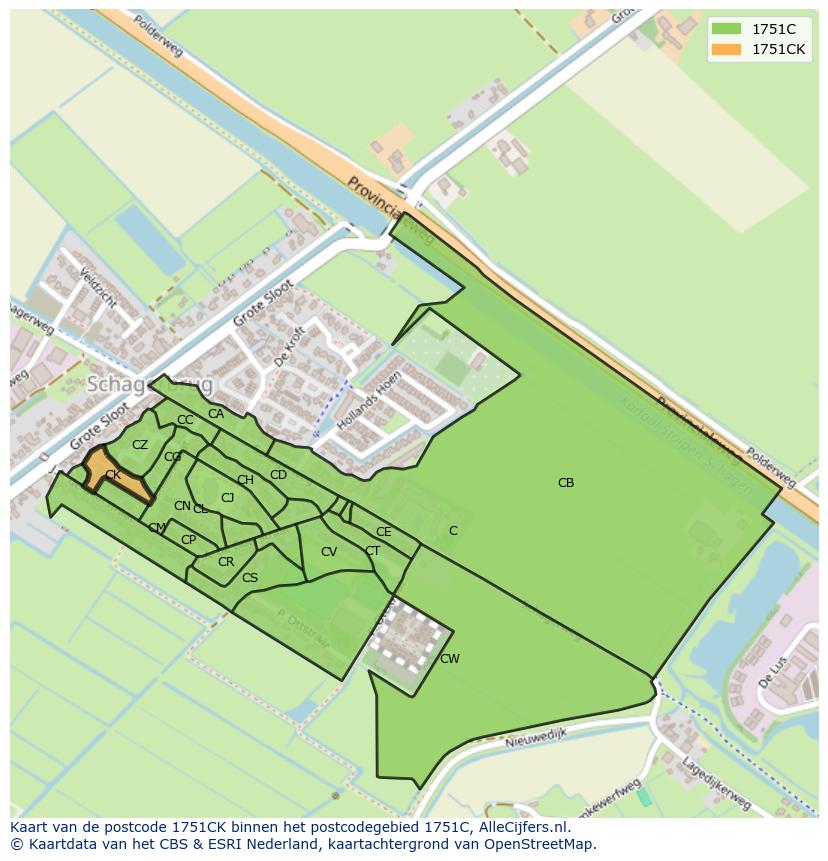 Afbeelding van het postcodegebied 1751 CK op de kaart.