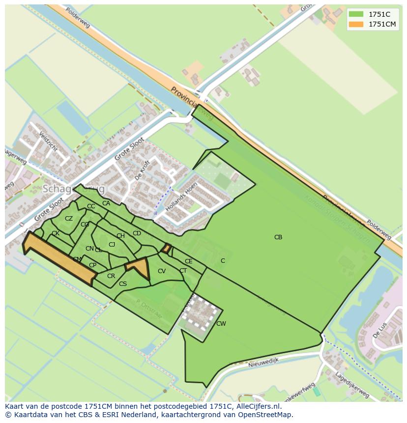 Afbeelding van het postcodegebied 1751 CM op de kaart.