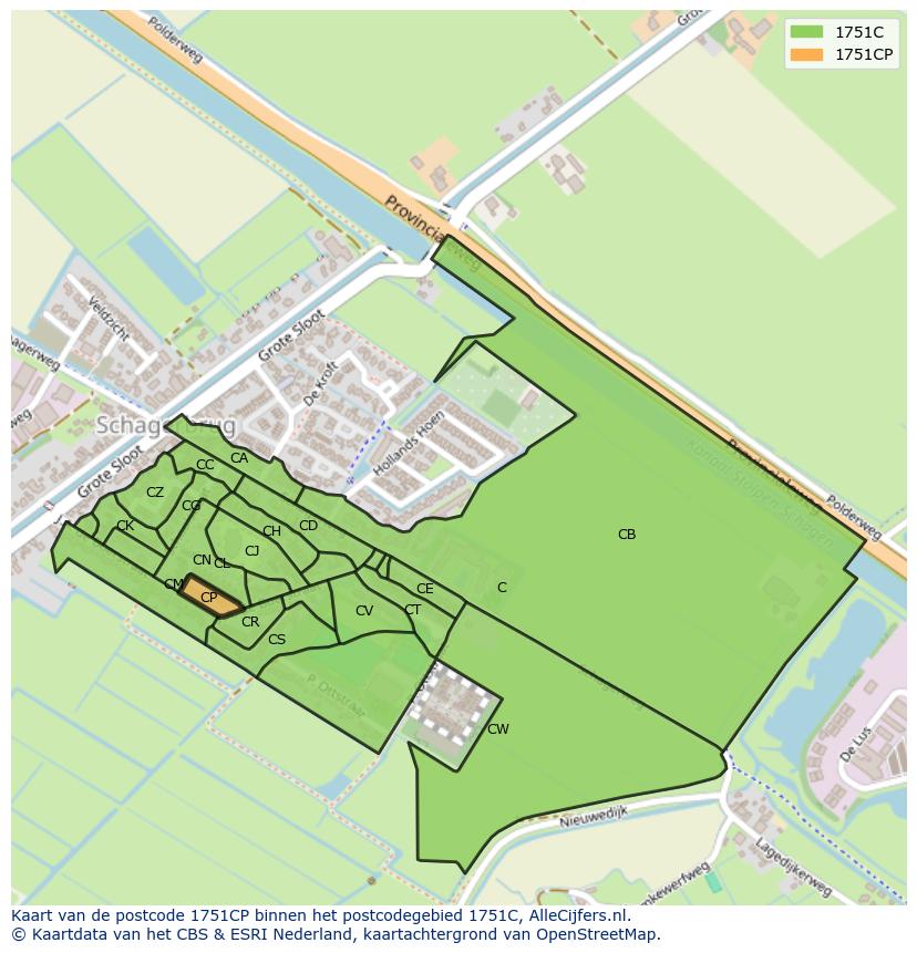 Afbeelding van het postcodegebied 1751 CP op de kaart.