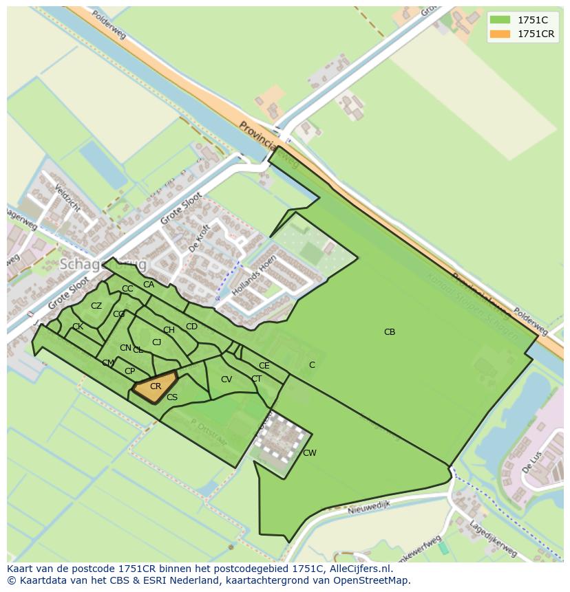 Afbeelding van het postcodegebied 1751 CR op de kaart.