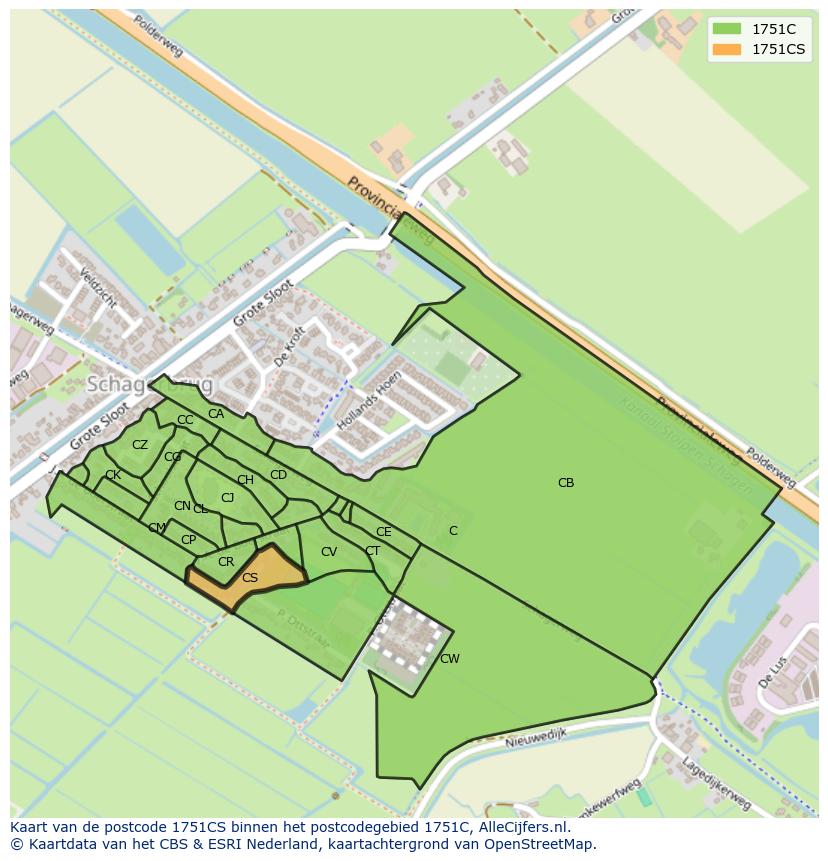 Afbeelding van het postcodegebied 1751 CS op de kaart.