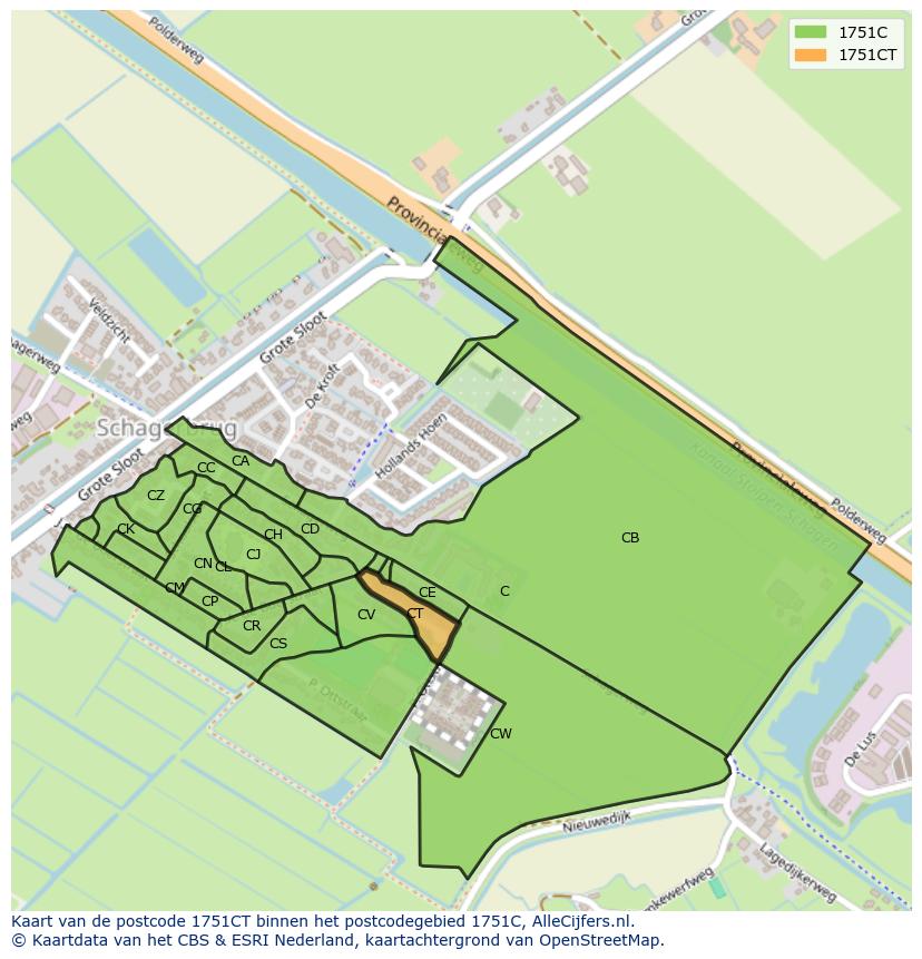 Afbeelding van het postcodegebied 1751 CT op de kaart.