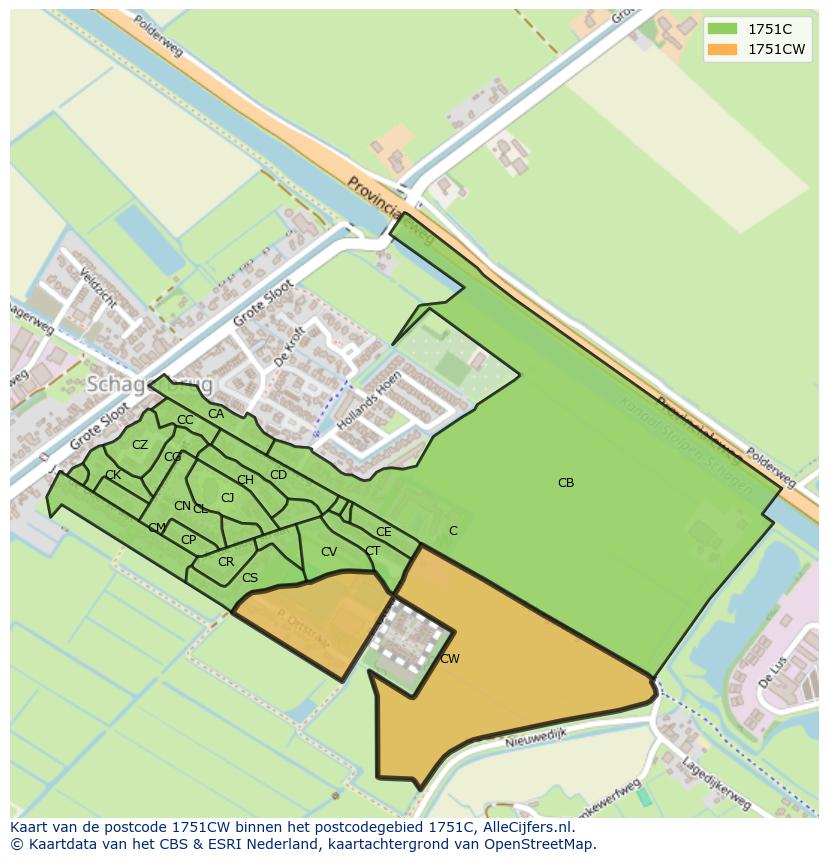 Afbeelding van het postcodegebied 1751 CW op de kaart.