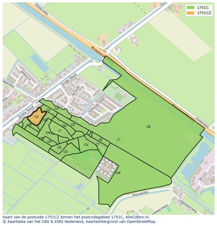 Afbeelding van het postcodegebied 1751 CZ op de kaart.