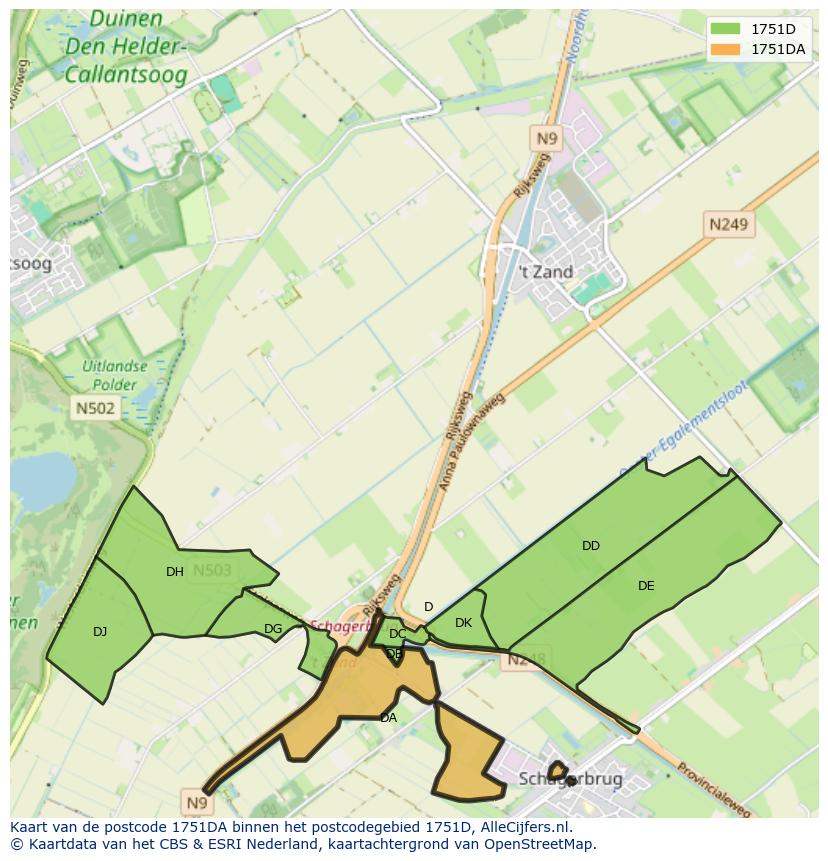 Afbeelding van het postcodegebied 1751 DA op de kaart.