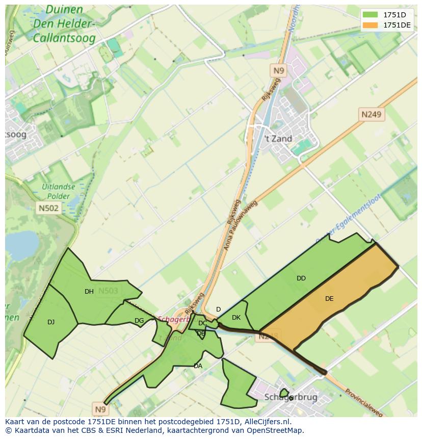 Afbeelding van het postcodegebied 1751 DE op de kaart.