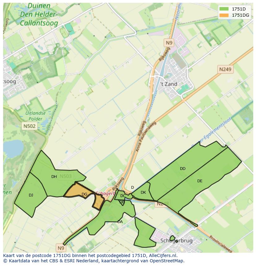 Afbeelding van het postcodegebied 1751 DG op de kaart.
