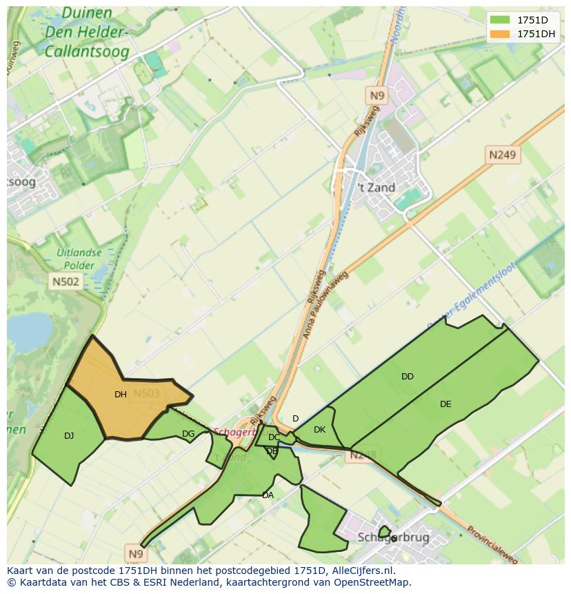 Afbeelding van het postcodegebied 1751 DH op de kaart.