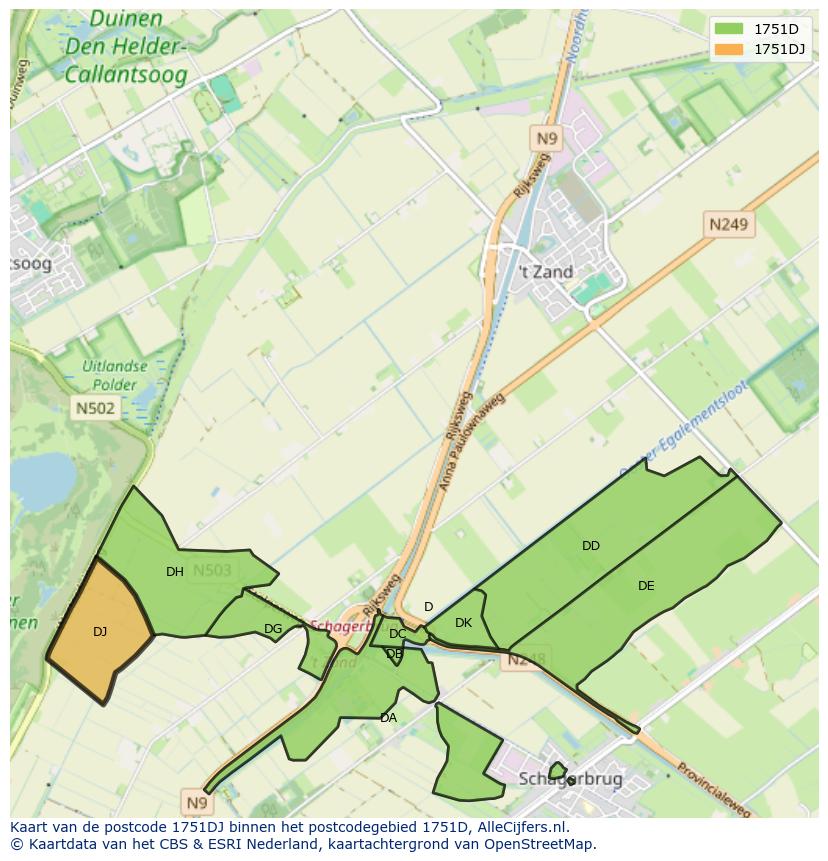 Afbeelding van het postcodegebied 1751 DJ op de kaart.