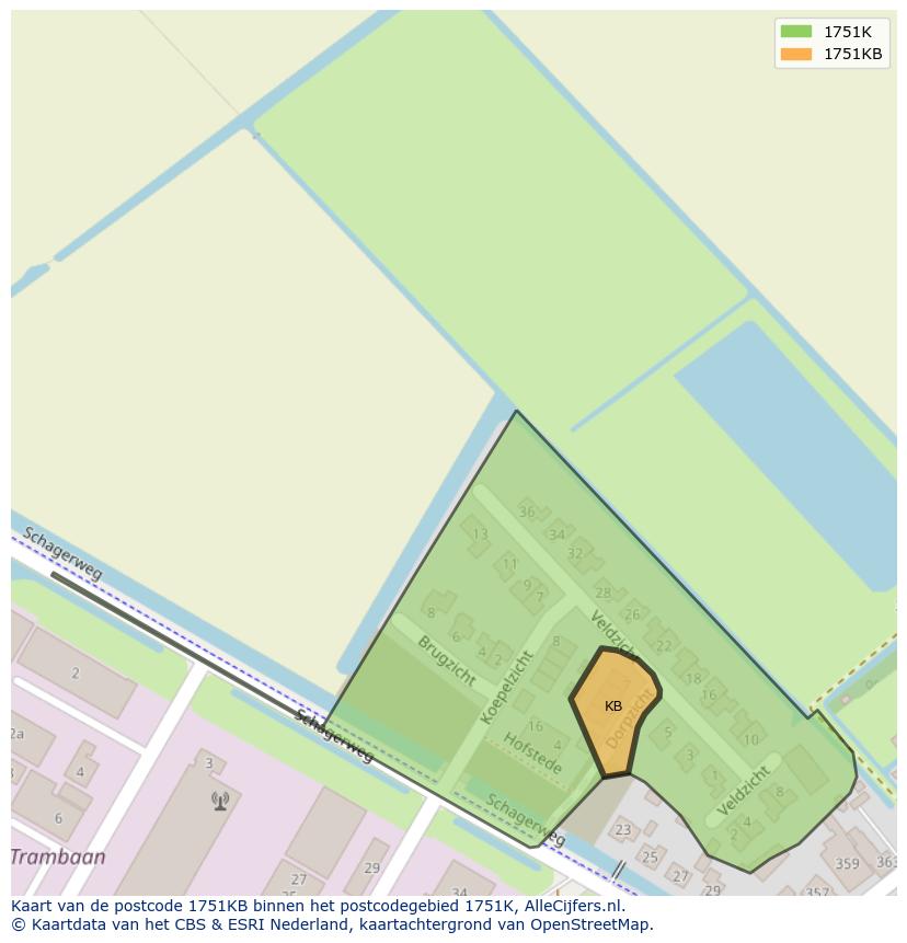 Afbeelding van het postcodegebied 1751 KB op de kaart.