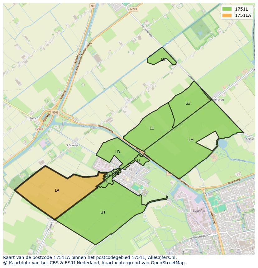 Afbeelding van het postcodegebied 1751 LA op de kaart.
