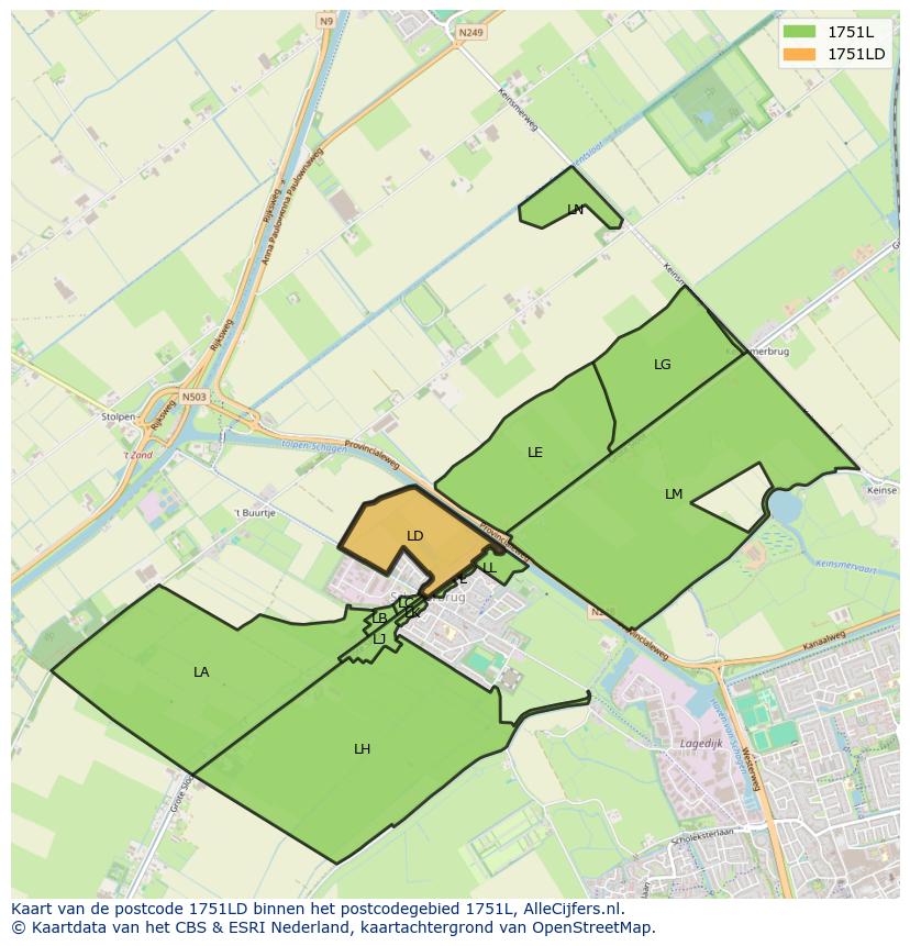 Afbeelding van het postcodegebied 1751 LD op de kaart.