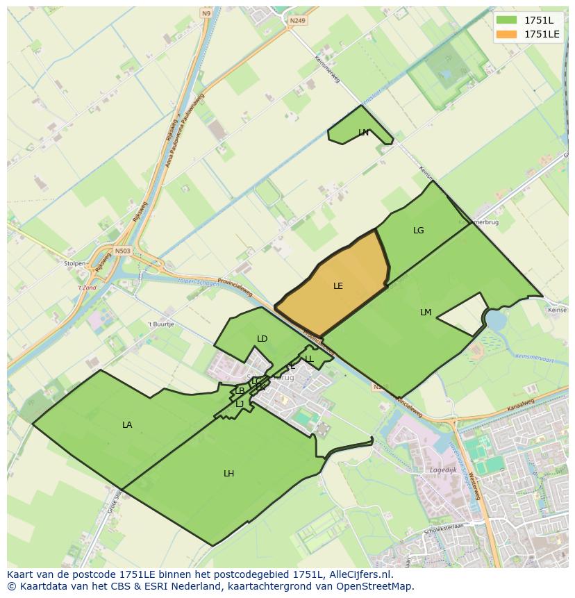 Afbeelding van het postcodegebied 1751 LE op de kaart.